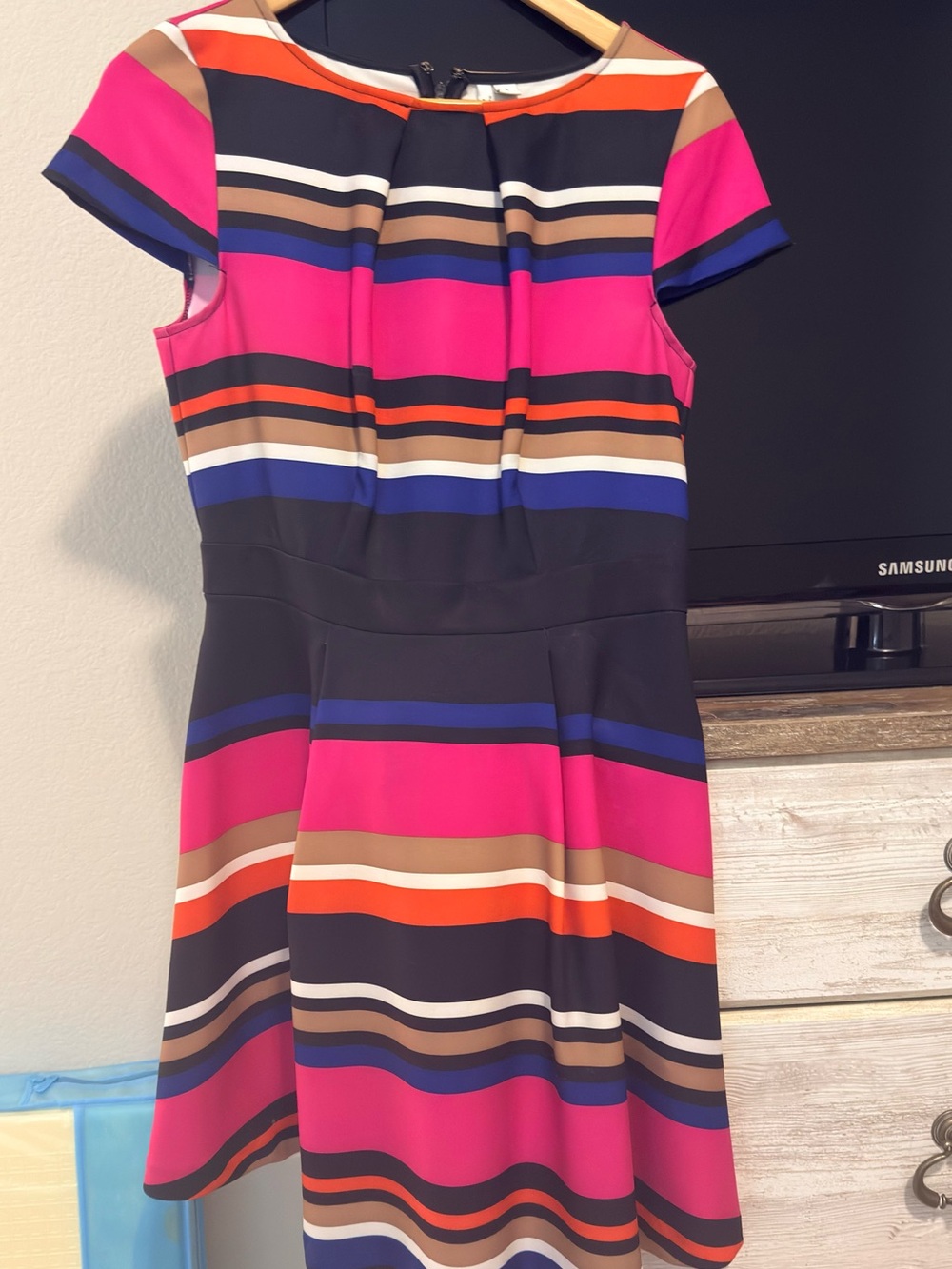 Striped Fit & Flare Dress in Pink, Black, Navy & Orange